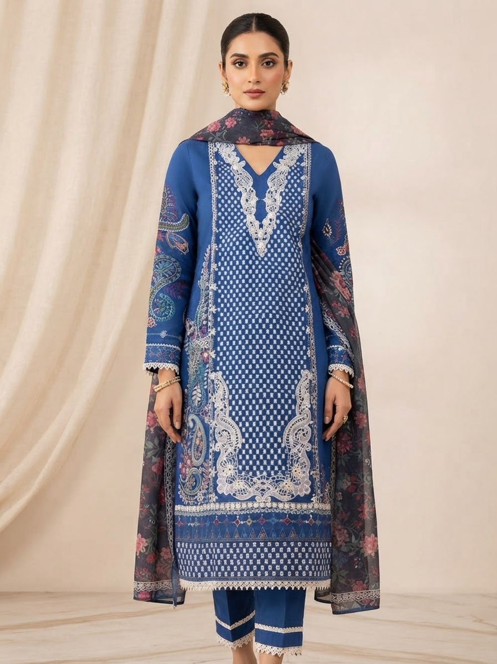 Blue Strapless-Inspired Embroidered Women's Dress with Printed Shawl
